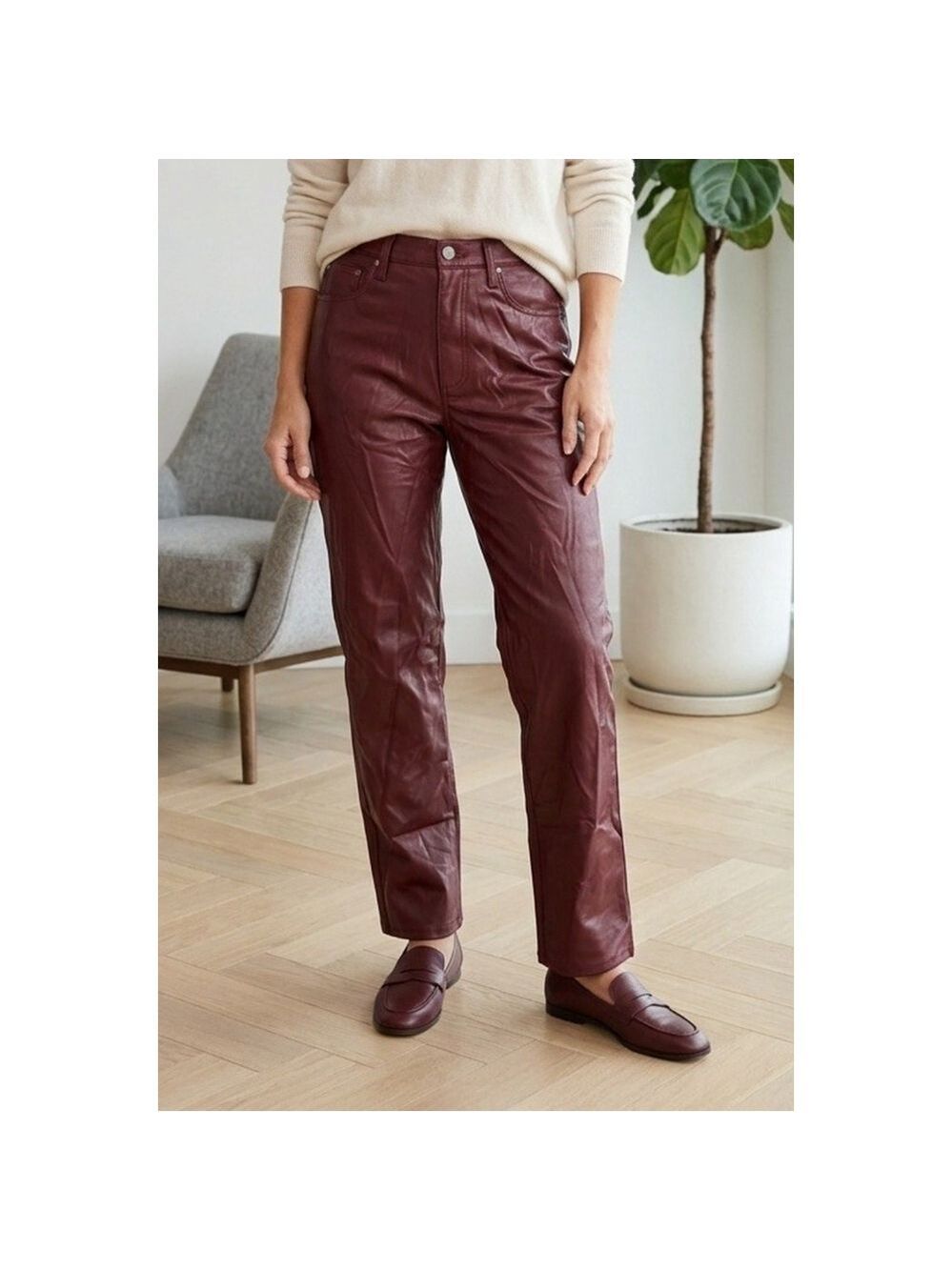 PISTOLA Vegan Faux Leather Straight Pants Sz 26 Red Burgundy City Contemporary